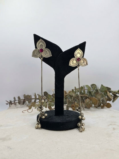 Handcrafted Silver Oxidized Kashmiri Floral Earrings with Ghungroos & Maroon Stone for Women - Ethnic Wear