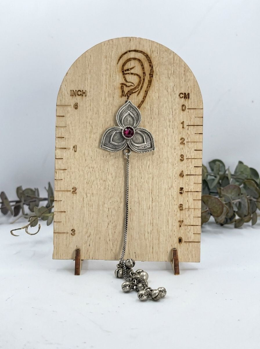 Handcrafted Silver Oxidized Kashmiri Floral Earrings with Ghungroos & Maroon Stone for Women - Ethnic Wear