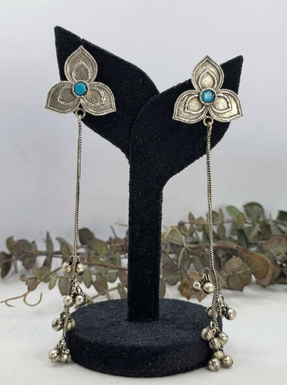 Handcrafted Silver Oxidized Kashmiri Floral Earrings with Ghungroos & Aqua Stone for Women - Ethnic Wear