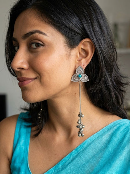 Handcrafted Silver Oxidized Kashmiri Floral Earrings with Ghungroos & Aqua Stone for Women - Ethnic Wear