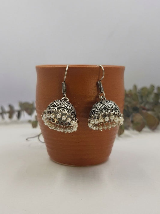 Handcrafted Silver Oxidized Dome Jhumka Earrings with Pearl Drops for Women – Ethnic Wear