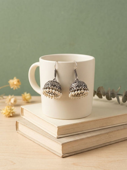 Handcrafted Silver Oxidized Dome Jhumka Earrings with Pearl Drops for Women – Ethnic Wear