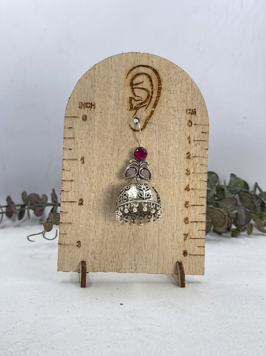 Silver Oxidized Handcrafted Floral Jhumka Earrings with Ruby Red & Pink Stones for Women – Ethnic Wear
