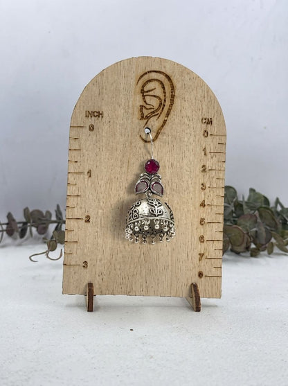 Silver Oxidized Handcrafted Floral Jhumka Earrings with Ruby Red & Pink Stones for Women – Ethnic Wear