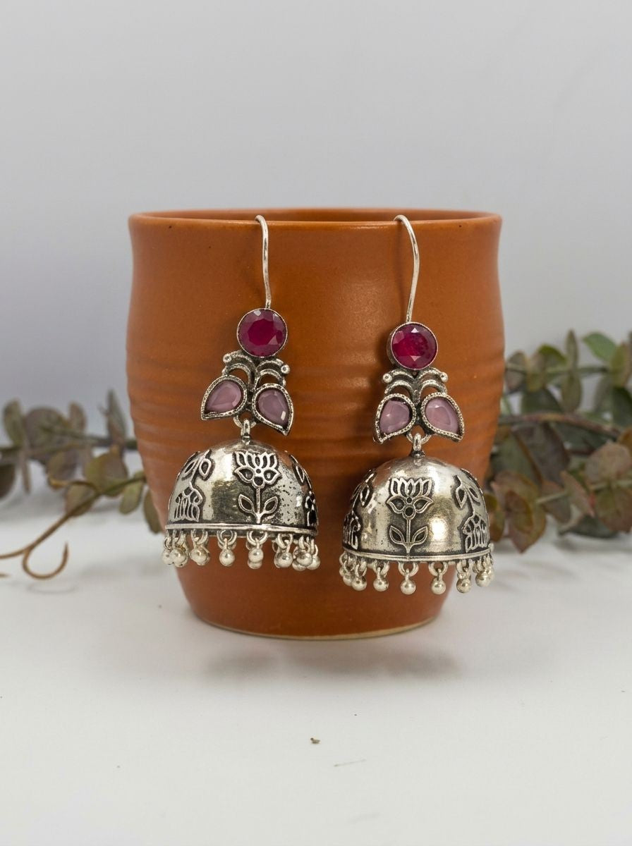 Silver Oxidized Handcrafted Floral Jhumka Earrings with Ruby Red & Pink Stones for Women – Ethnic Wear