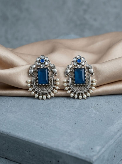 Handcrafted Silver Oxidized Elephant Motif Blue Monalisa Stone Earrings with Pearl Embellishment for Women - Ethnic Wear
