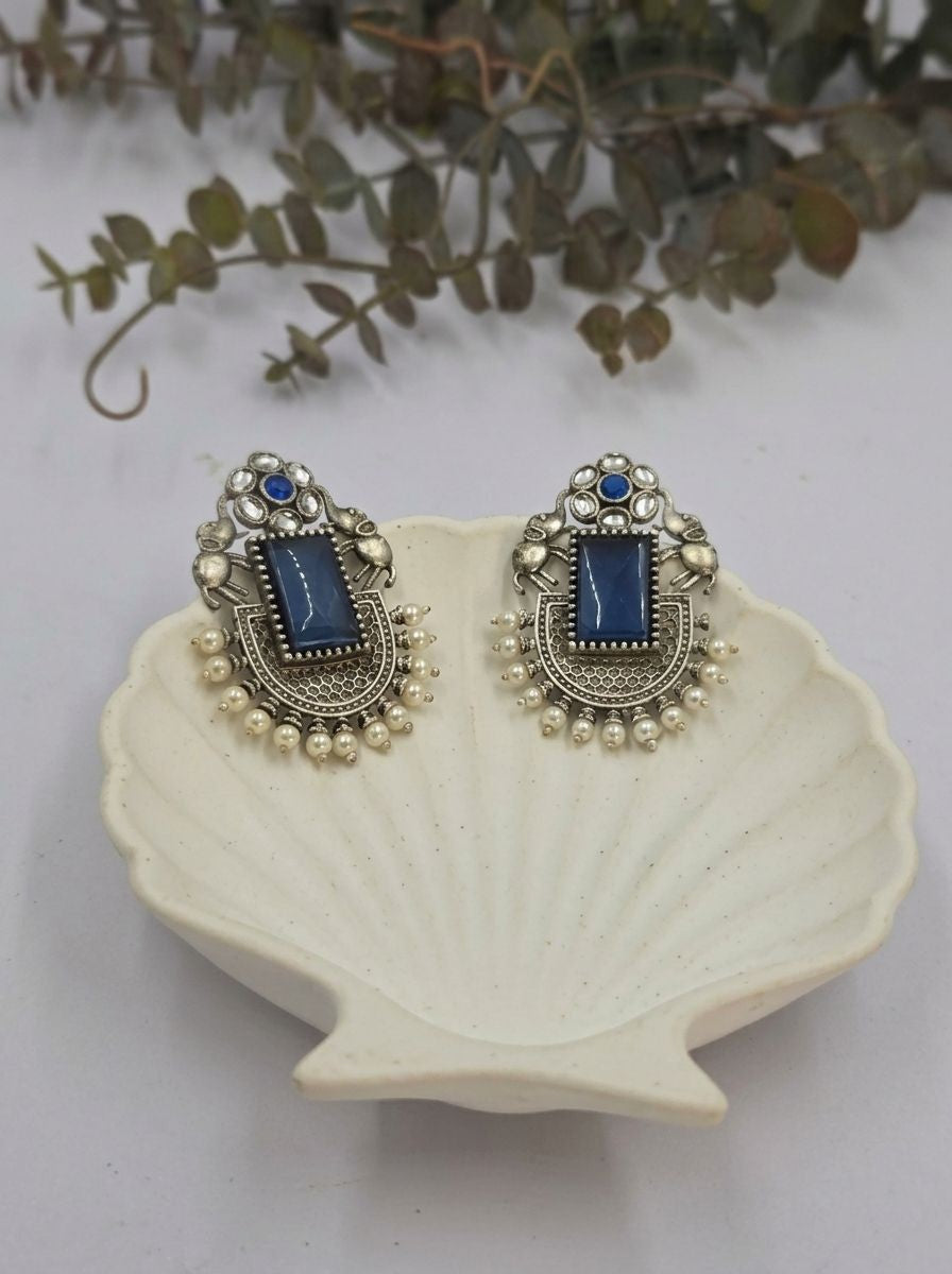 Handcrafted Silver Oxidized Elephant Motif Blue Monalisa Stone Earrings with Pearl Embellishment for Women - Ethnic Wear