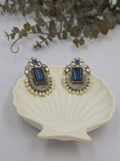 Handcrafted Silver Oxidized Elephant Motif Blue Monalisa Stone Earrings with Pearl Embellishment for Women - Ethnic Wear