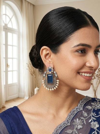 Handcrafted Silver Oxidized Elephant Motif Blue Monalisa Stone Earrings with Pearl Embellishment for Women - Ethnic Wear