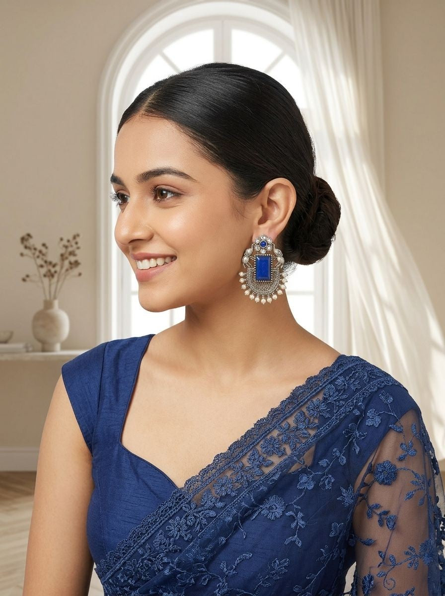 Handcrafted Silver Oxidized Elephant Motif Blue Monalisa Stone Earrings with Pearl Embellishment for Women - Ethnic Wear