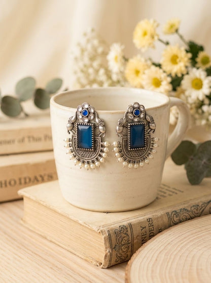 Handcrafted Silver Oxidized Elephant Motif Blue Monalisa Stone Earrings with Pearl Embellishment for Women - Ethnic Wear