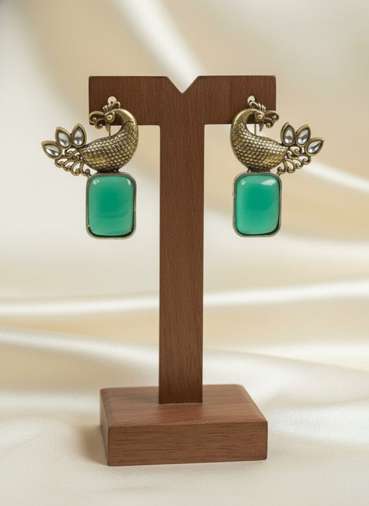 Traditional Two-Tone Peacock with ethnic stonework Earrings