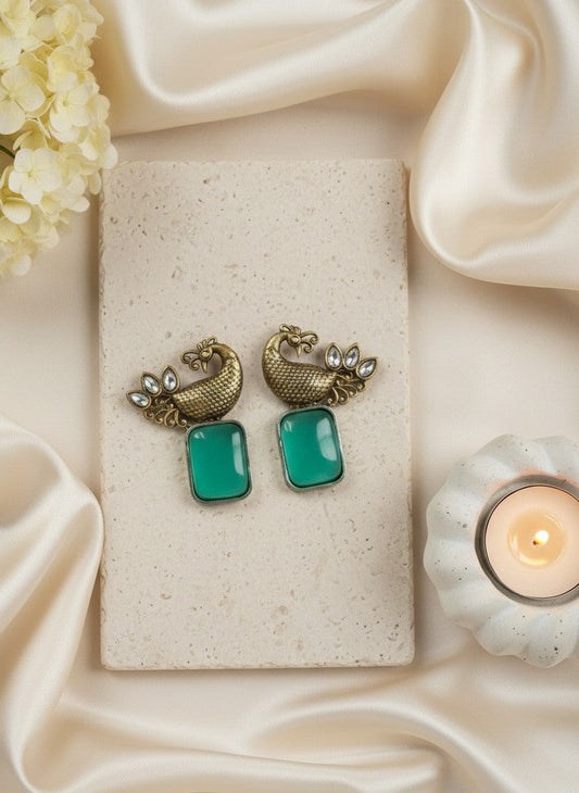 Traditional Two-Tone Peacock with ethnic stonework Earrings