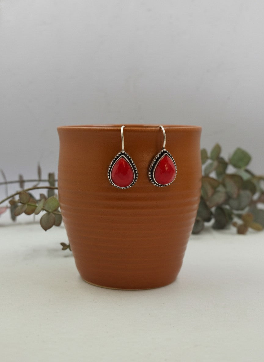Silver Oxidized Red Teardrop Stone Hook Earrings for Women - Minimal Wear