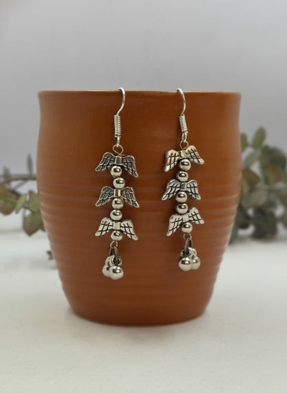 Silver Oxidized Angel Wing Dangler Hook Earrings for Women - Casual Everyday Wear
