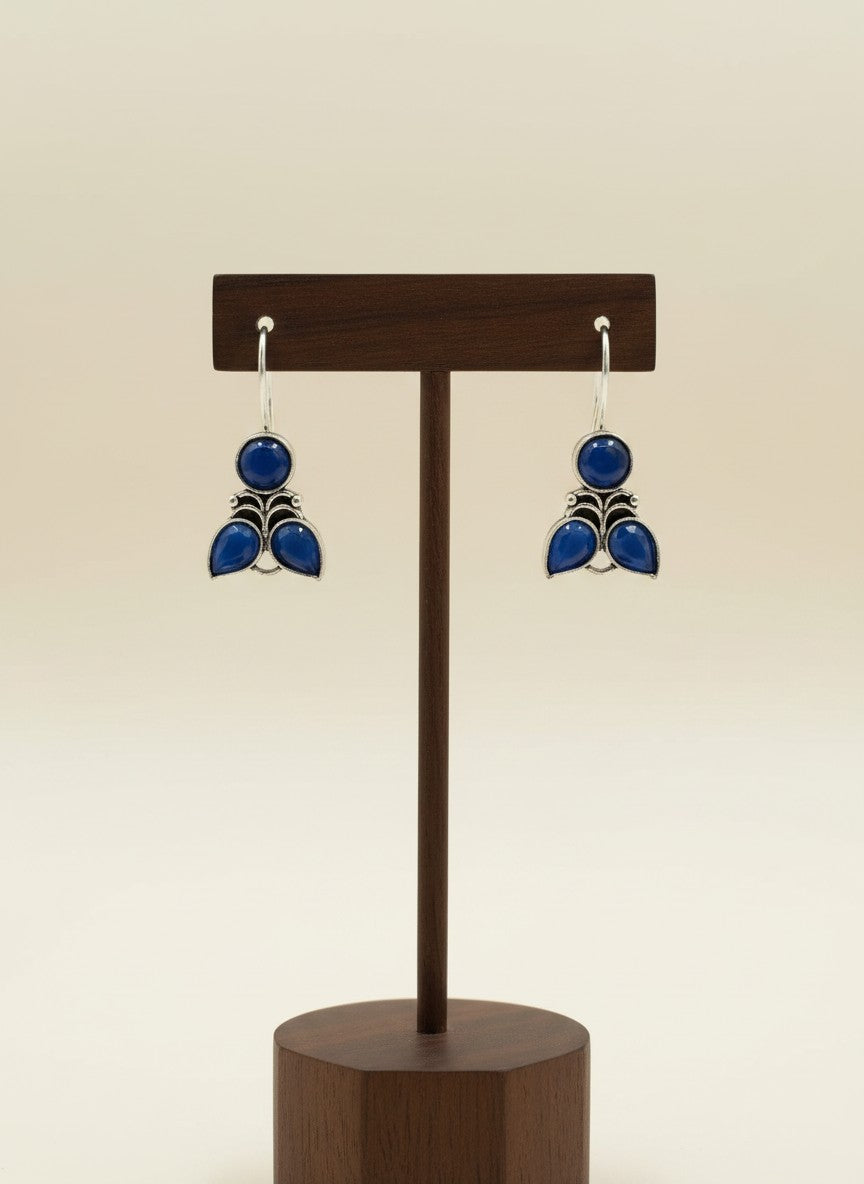 Silver Oxidized Midnight Blue Floral Hook Earrings for Women - Everyday Wear