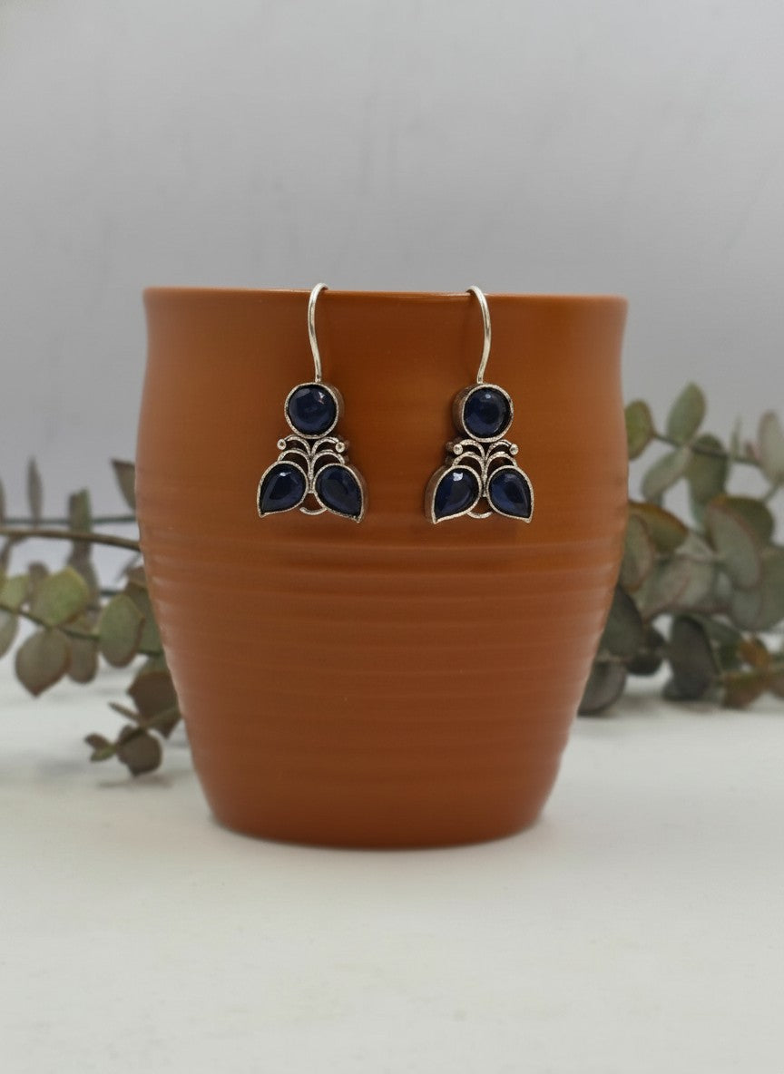 Silver Oxidized Midnight Blue Floral Hook Earrings for Women - Everyday Wear