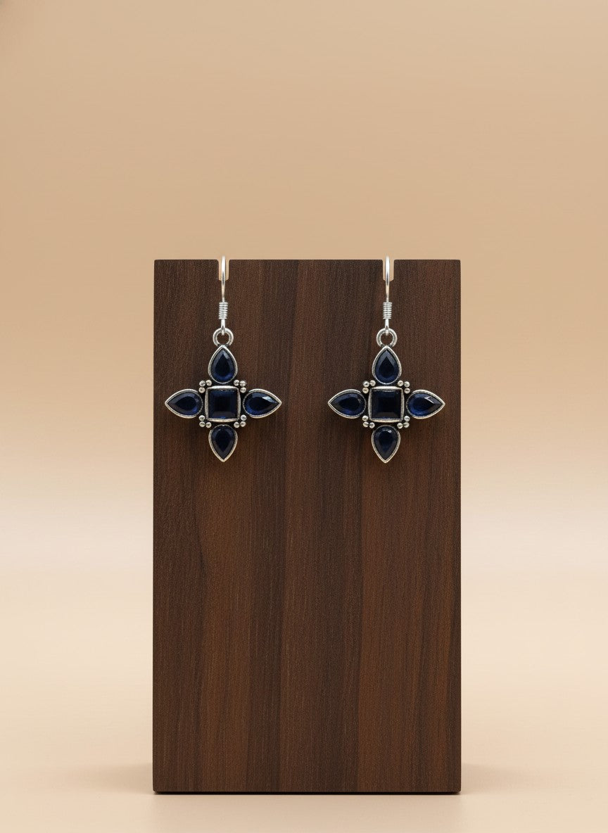 Silver Oxidized Deep Blue Stones Petal Motif Hook Earrings for Women - Everyday Wear