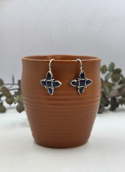 Silver Oxidized Deep Blue Stones Petal Motif Hook Earrings for Women - Everyday Wear