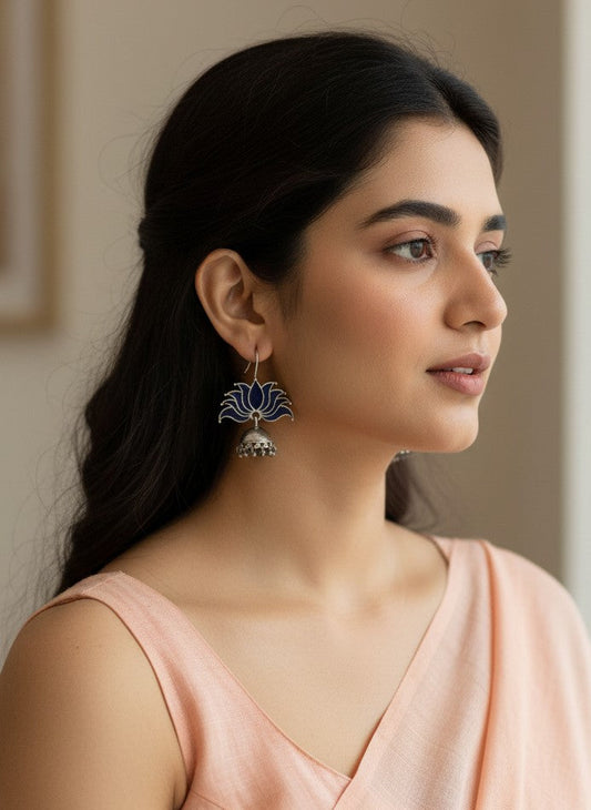 Silver Oxidized Bold Blue Lotus Inspired Jhumka Hook Earrings for Women - All Occasions 