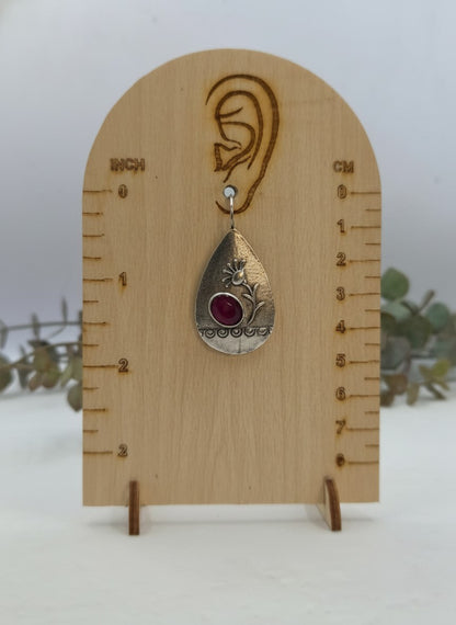 Silver Oxidized Handcrafted Floral Teardrop Hook Earrings with Pink Stone Accent for Women - Everyday Wear