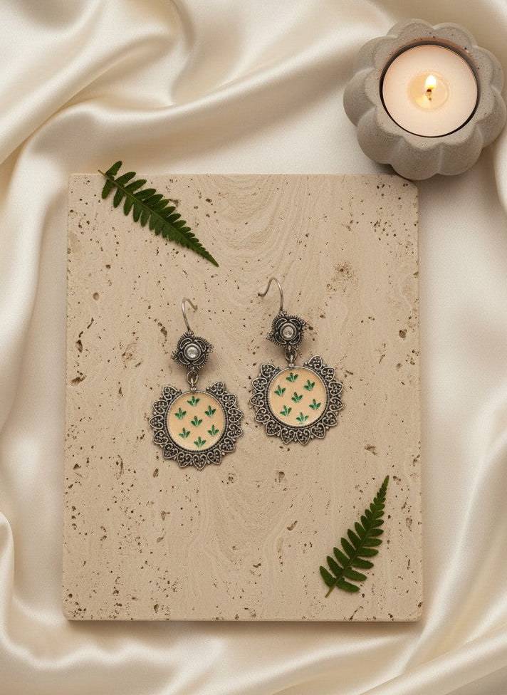 Hand-Painted Enamel Ivory Leaf Motif Hook Earrings for Women - All Occasions