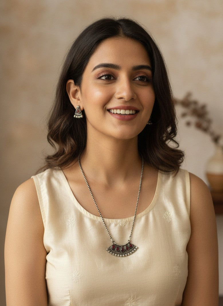 Silver Oxidized Ruby Teardrop Stone Crescent Pendant Necklace Set with AD Accents for Women - Ethnic Wear