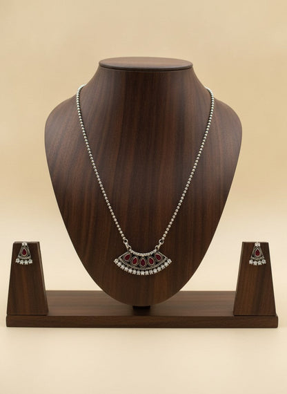 Silver Oxidized Ruby Teardrop Stone Crescent Pendant Necklace Set with AD Accents for Women - Ethnic Wear