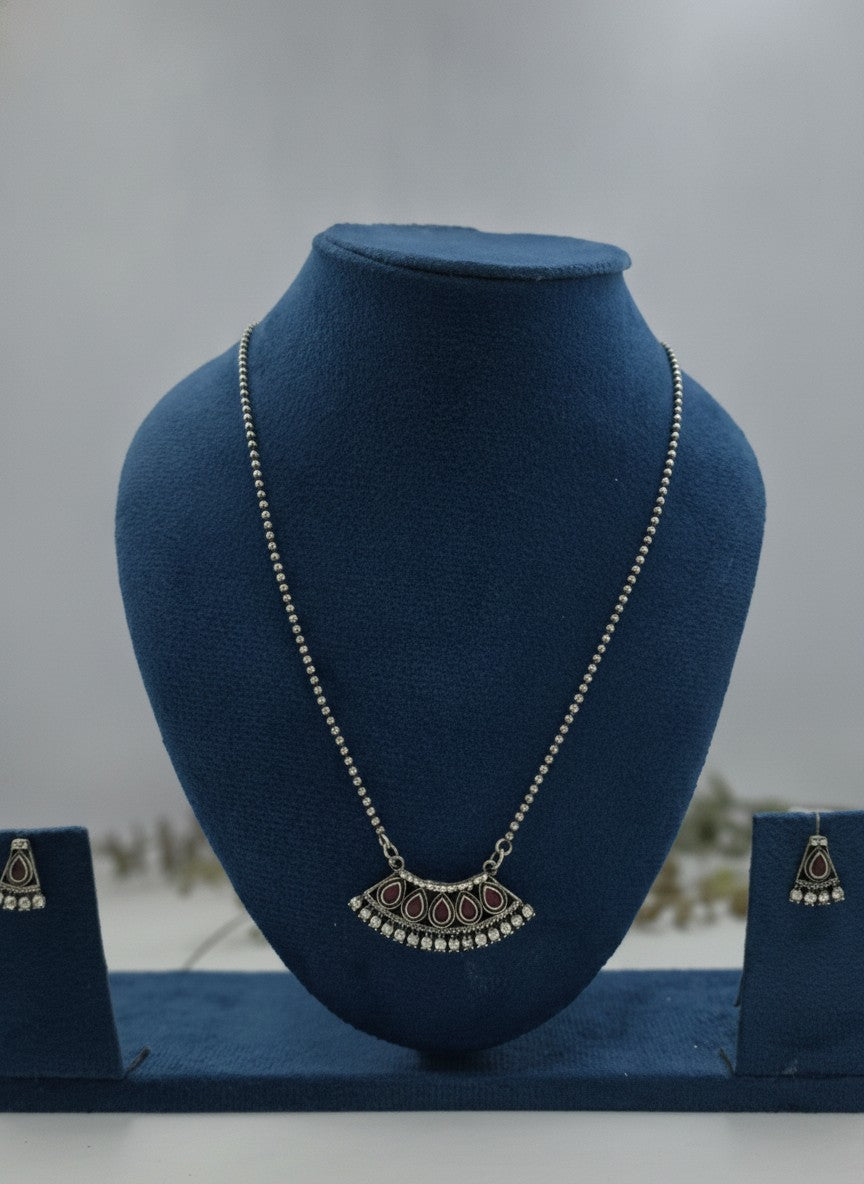 Silver Oxidized Ruby Teardrop Stone Crescent Pendant Necklace Set with AD Accents for Women - Ethnic Wear