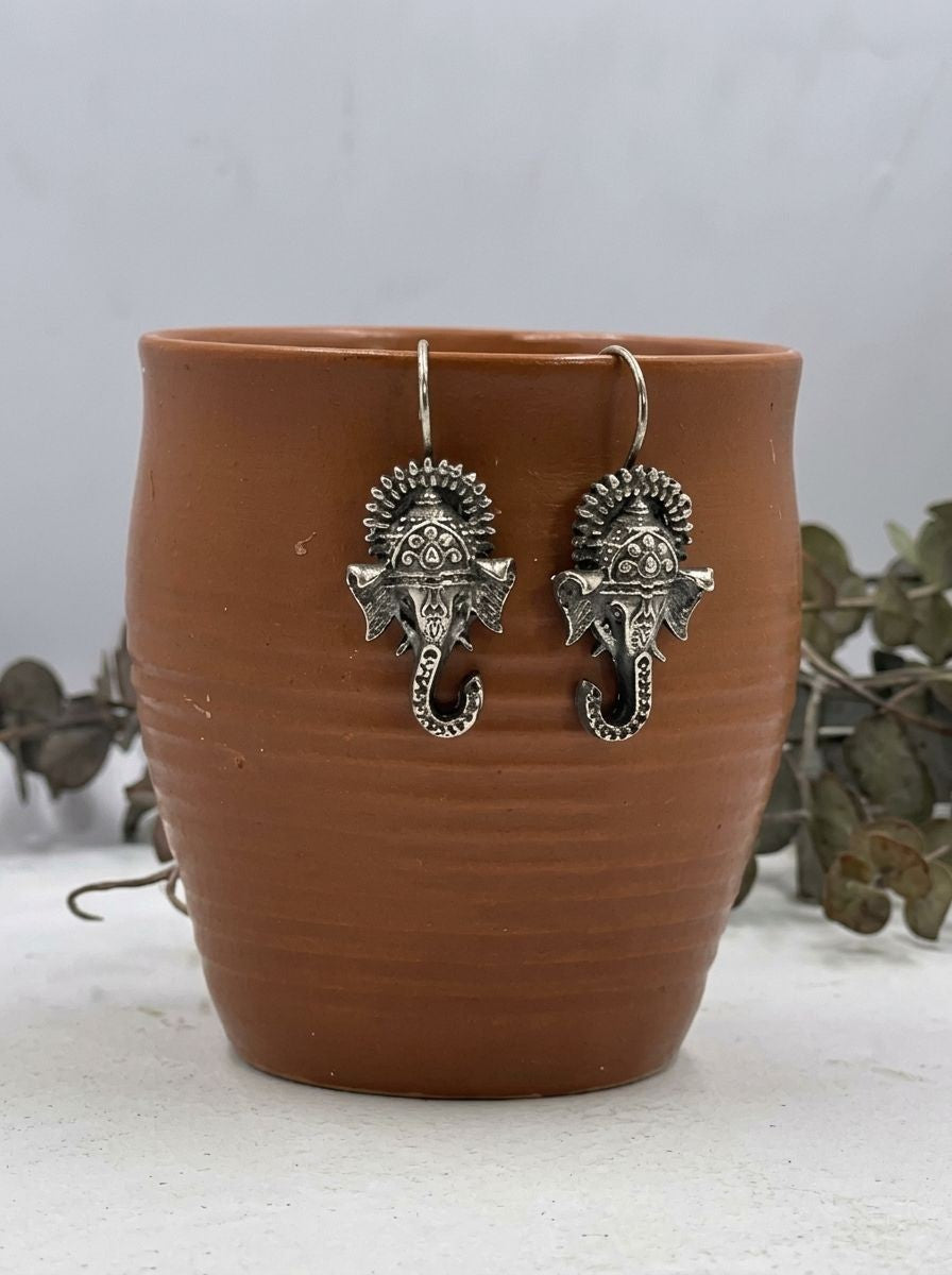 Ganesha Antique Silver Oxidized Hook Earrings for Women - Everyday Ethnic Wear