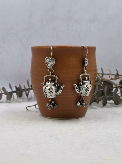 Coffee Love Pot Oxidized Silver Hook Earrings for Women - Quirky Ethnic Wear