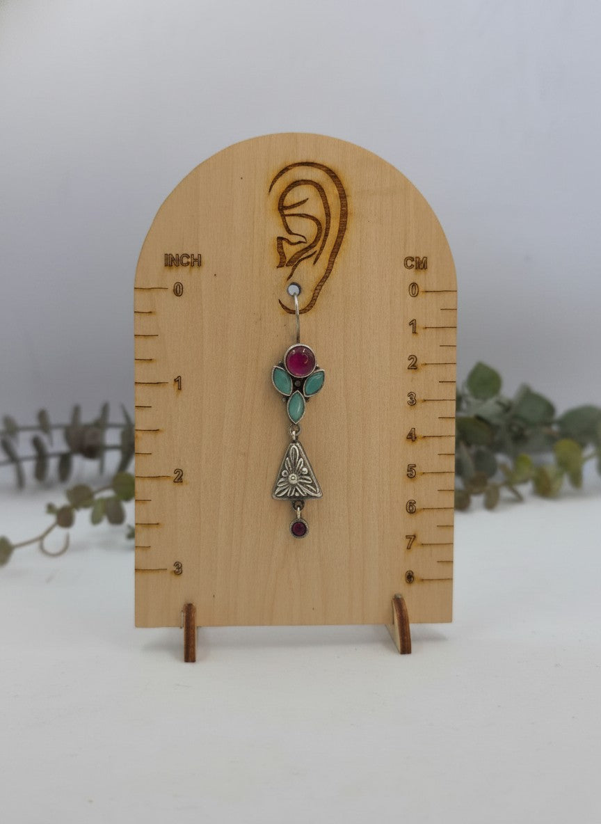 Silver Oxidized Floral Triangle Dangler Earrings with Ruby & Light Blue Stones for Women - Occasion Wear
