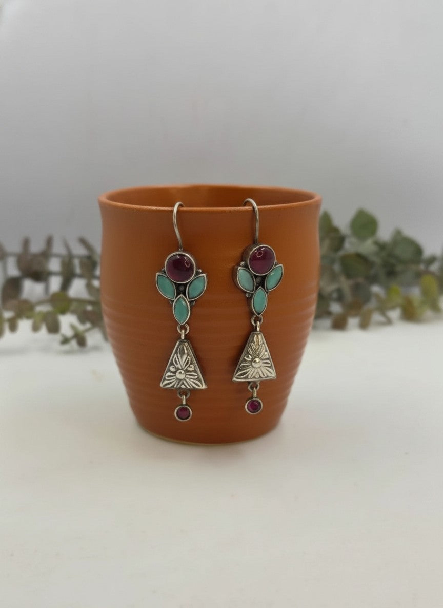 Silver Oxidized Floral Triangle Dangler Earrings with Ruby & Light Blue Stones for Women - Occasion Wear