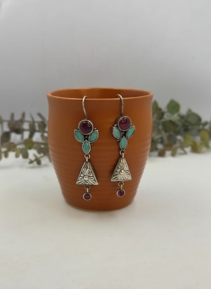 Silver Oxidized Floral Triangle Dangler Earrings with Ruby & Light Blue Stones for Women - Occasion Wear