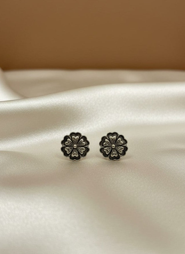 Silver Oxidized Floral Stud Earrings for Women - Everyday Wear