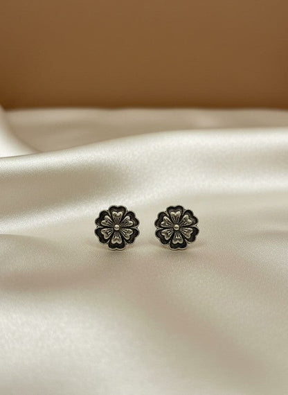 Silver Oxidized Floral Stud Earrings for Women - Everyday Wear