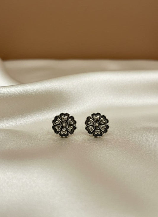 Silver Oxidized Floral Stud Earrings for Women - Everyday Wear