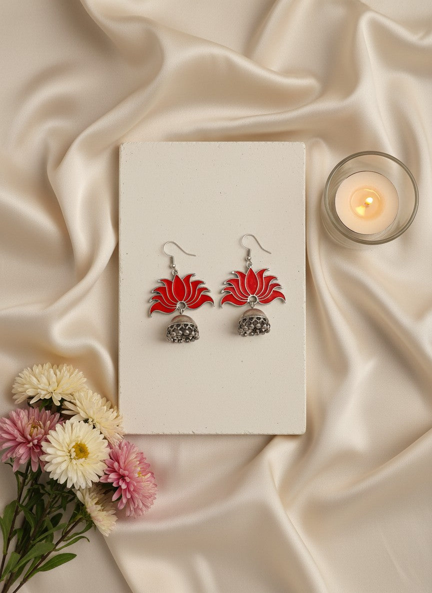 Silver Oxidized Bold Red Lotus Inspired Jhumka Hook Earrings for Women - All Occasions
