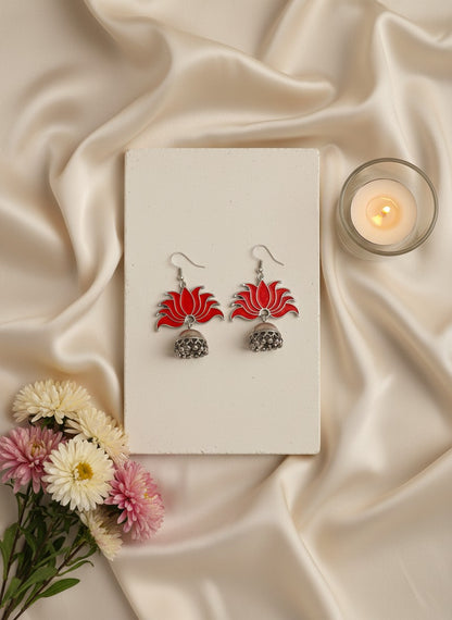 Silver Oxidized Bold Red Lotus Inspired Jhumka Hook Earrings for Women - All Occasions