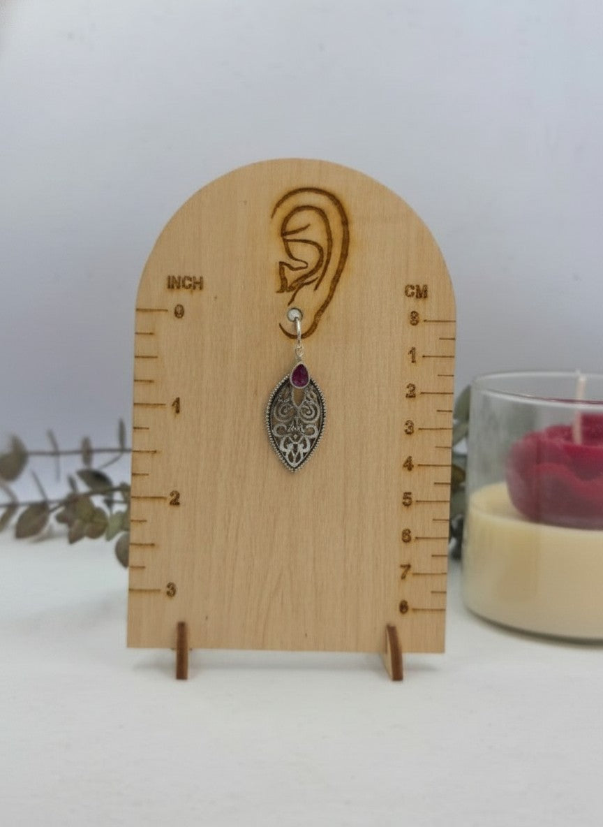 Verdant Filigree Leaf Hook Earrings with Dark Pink Accent Stone for Women - Everyday Wear