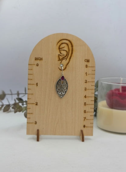 Verdant Filigree Leaf Hook Earrings with Dark Pink Accent Stone for Women - Everyday Wear
