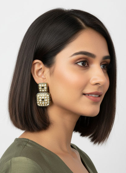 Designer Gold Plated Kundan Drop Earrings in Mehndi Polish for Women - Festive Wear