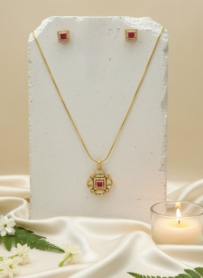 Designer Premium 22k Gold Plated Kundan Stone Pendant Necklace Chain Set with Earrings for Women | Minimal Wear 
