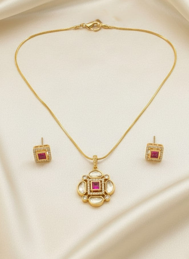 Designer Premium 22k Gold Plated Kundan Stone Pendant Necklace Chain Set with Earrings for Women | Minimal Wear 