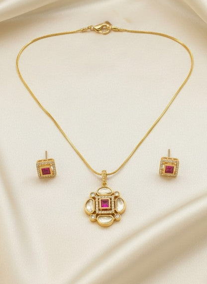 Designer Premium 22k Gold Plated Kundan Stone Pendant Necklace Chain Set with Earrings for Women | Minimal Wear 