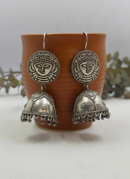 Devi Face Motif Silver Oxidized Hook Jhumka Earrings with Ghungroo Accents for Women - All Occasions