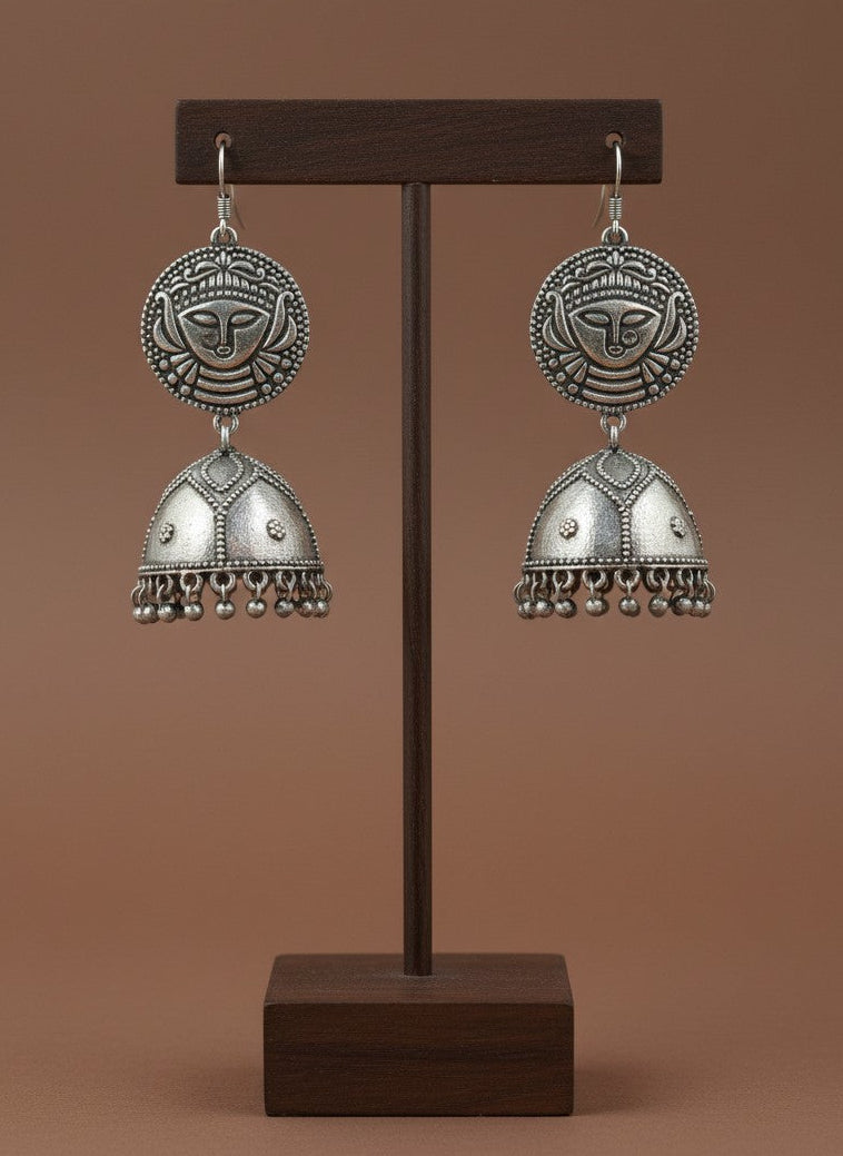 Devi Face Motif Silver Oxidized Hook Jhumka Earrings with Ghungroo Accents for Women - All Occasions