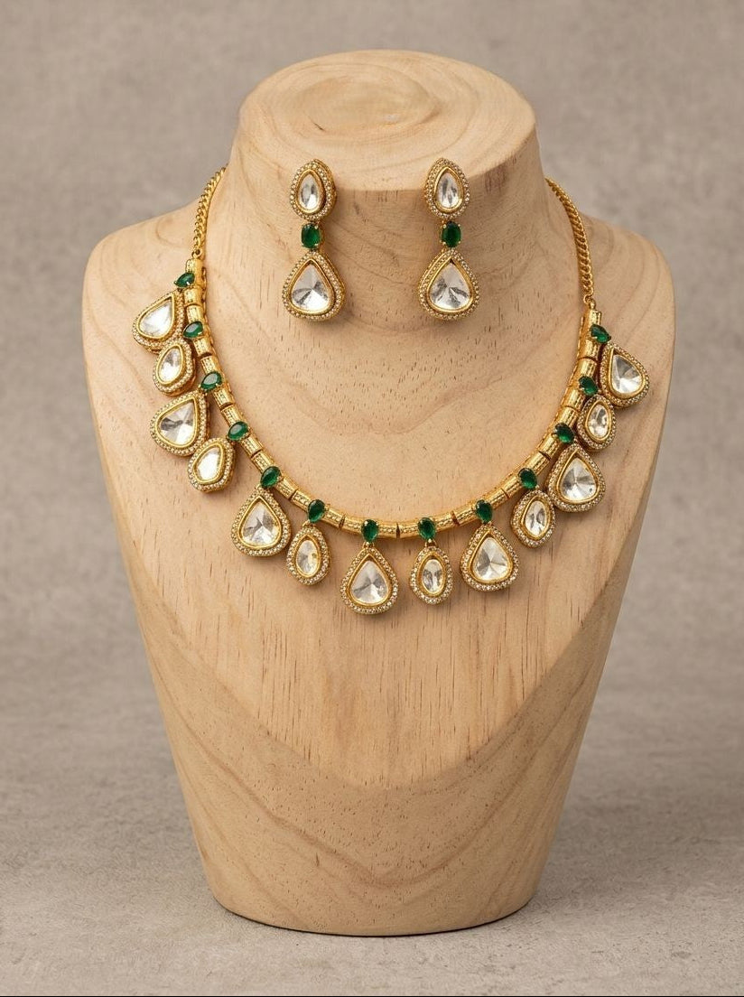 Devika Green & White Polki Drop Gold Plated Necklace Set for Women - Festive Ethnic Wear 