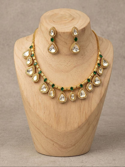 Devika Green & White Polki Drop Gold Plated Necklace Set for Women - Festive Ethnic Wear 