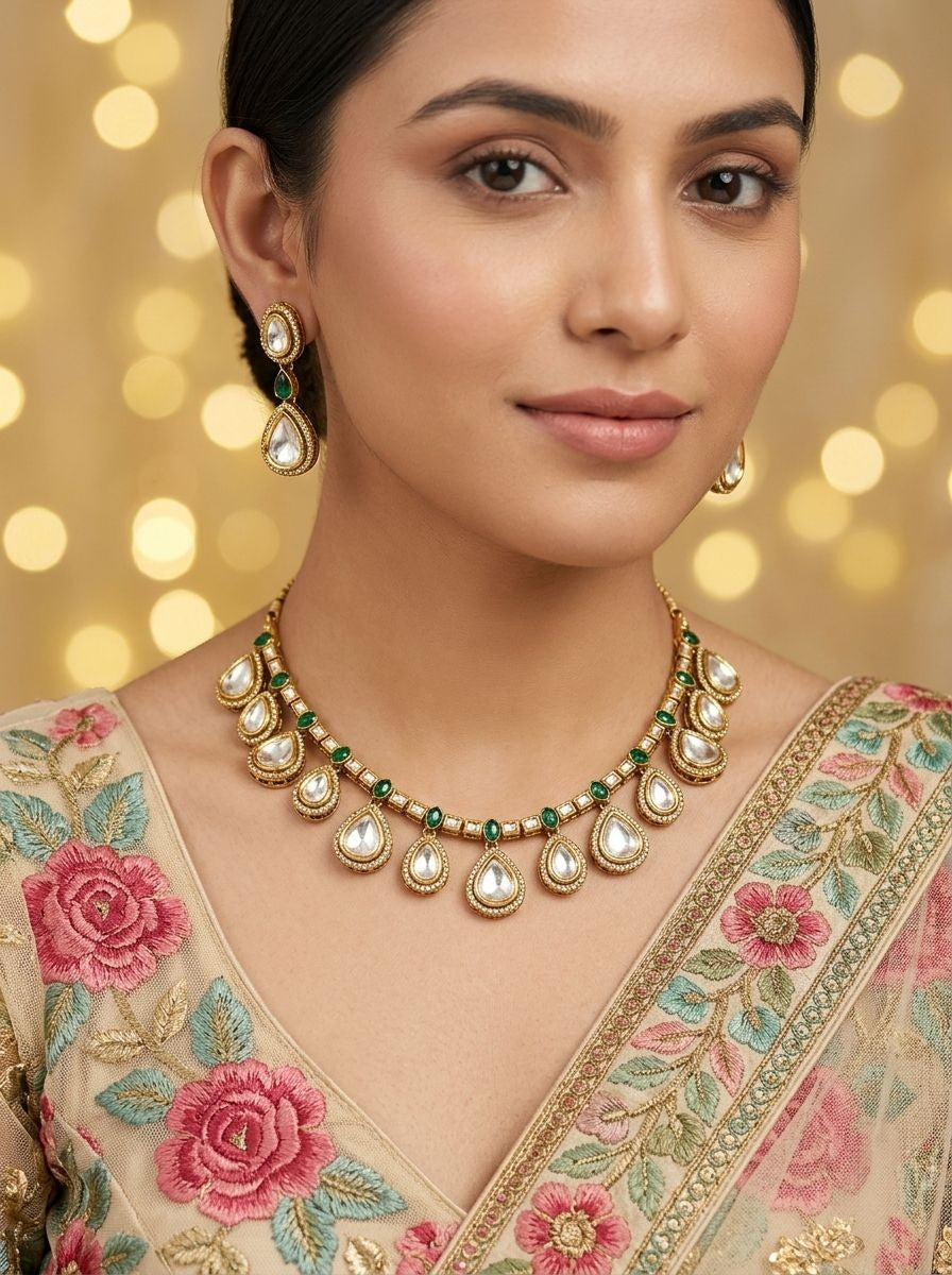Devika Green & White Polki Drop Gold Plated Necklace Set for Women - Festive Ethnic Wear 